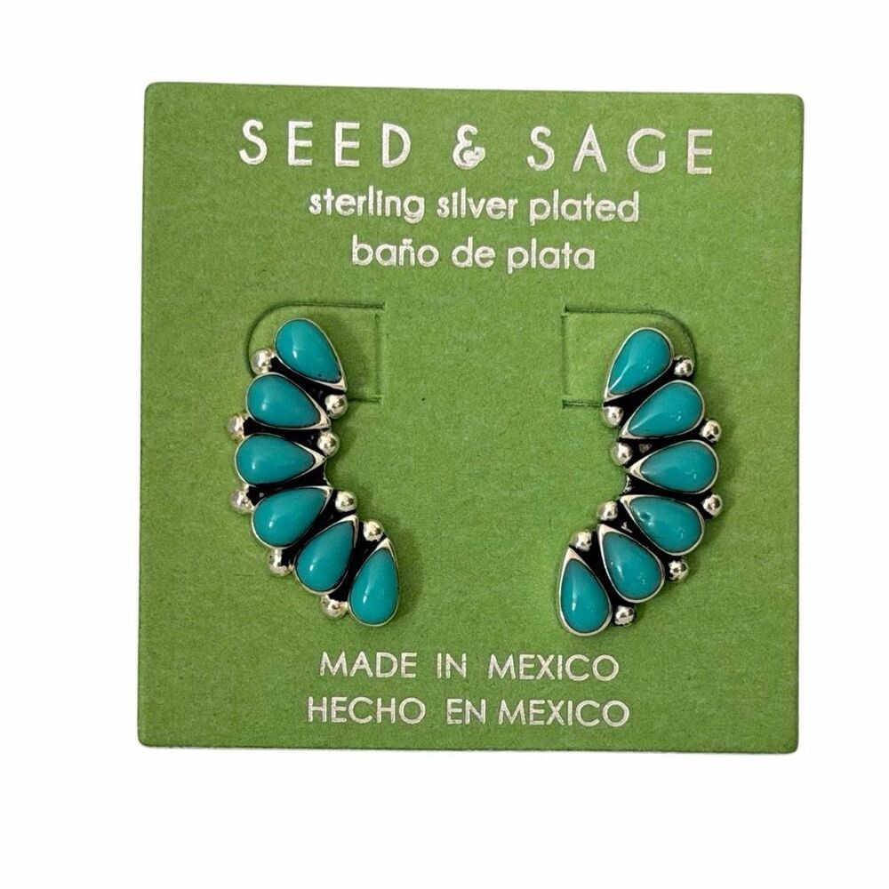 Seed & Sage Turquoise Ear Climber Earrings Sterling Silver Plated Mexico